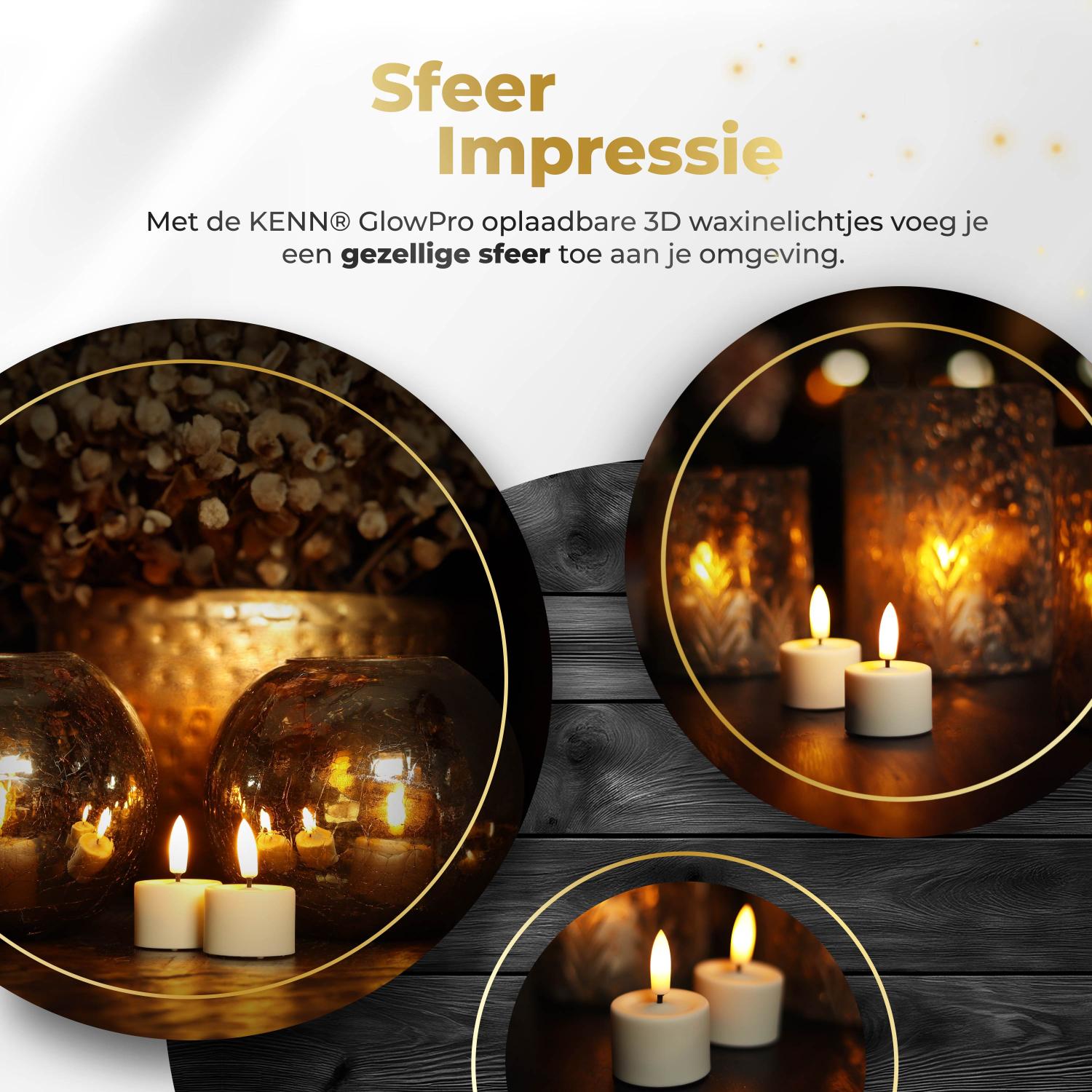 KENN® GlowPro™ 3D Oplaadbare Waxinelichtjes - Set van 6 - Tot 350 Branduren (AT)