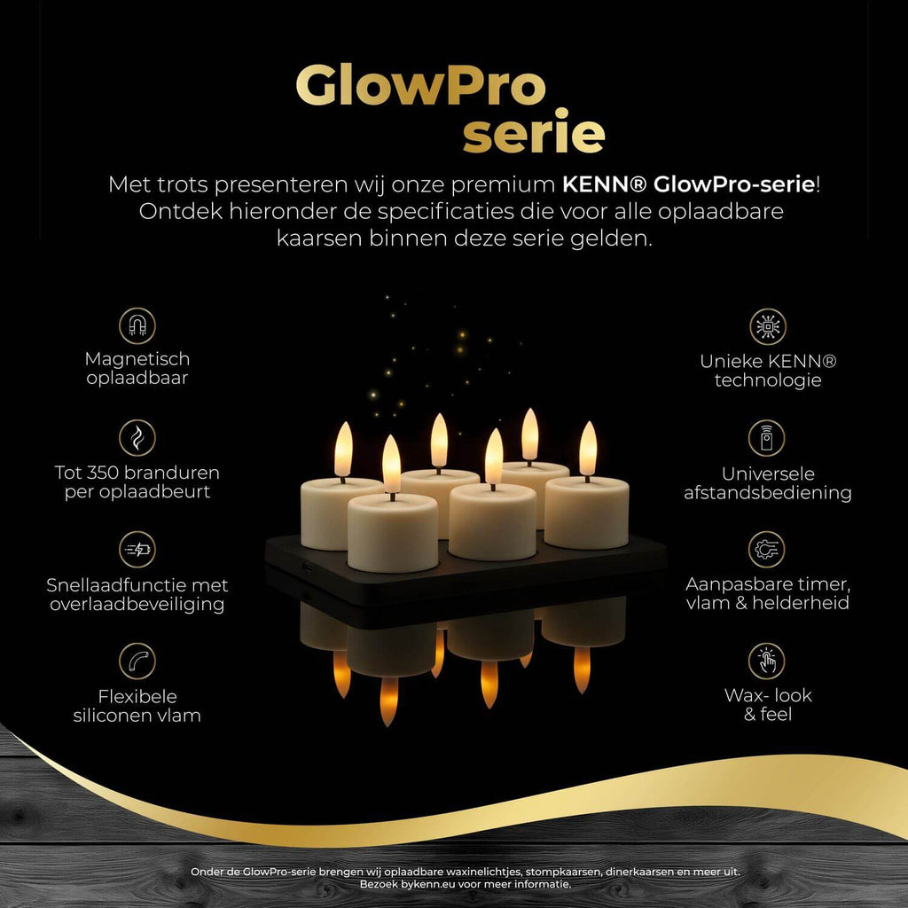 KENN® GlowPro™ 3D Oplaadbare Waxinelichtjes - Set van 6 - Tot 350 Branduren (AT)